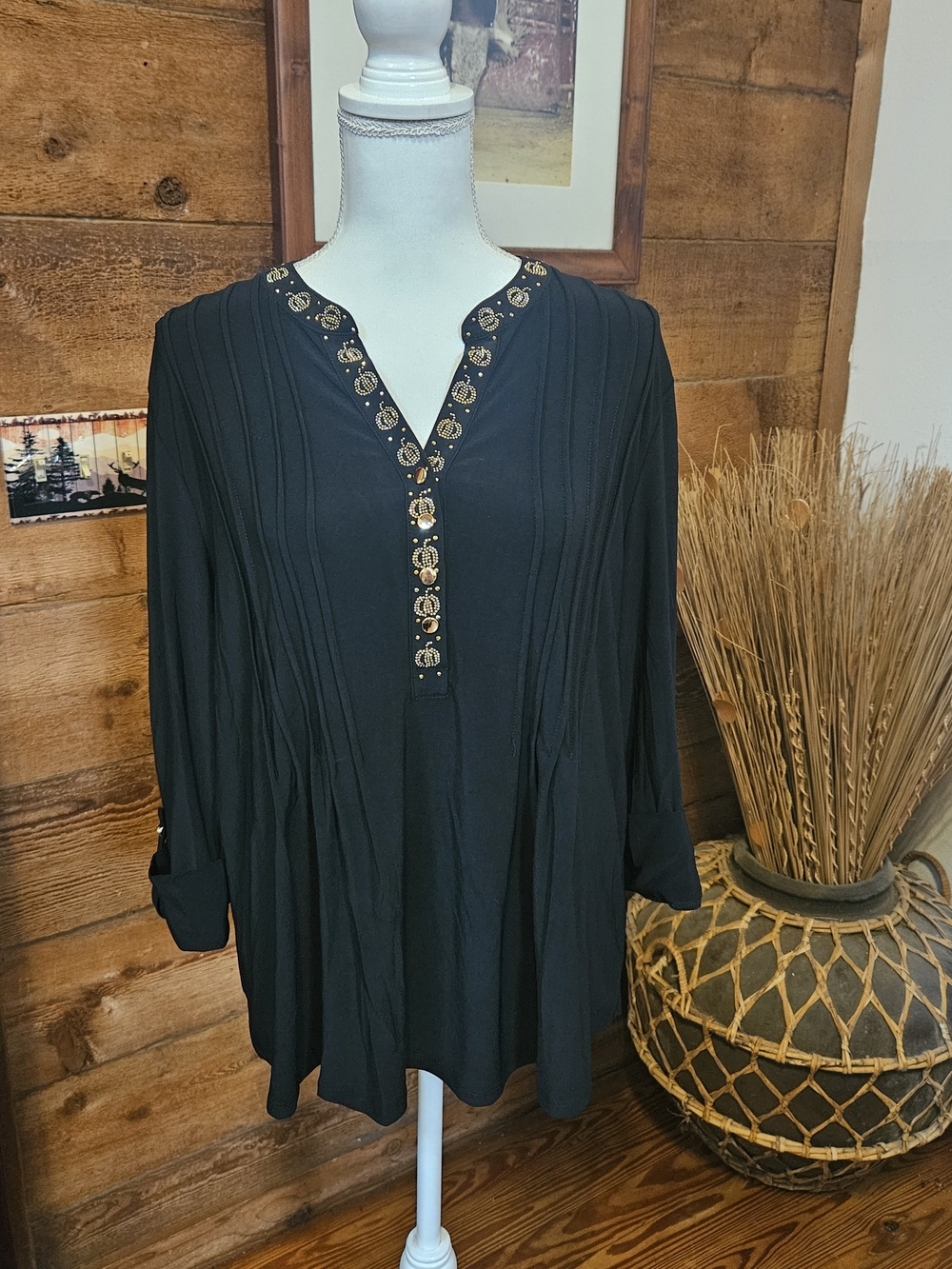 Black Embellished V-Neck Tunic Blouse With Gold Pumpkins Women